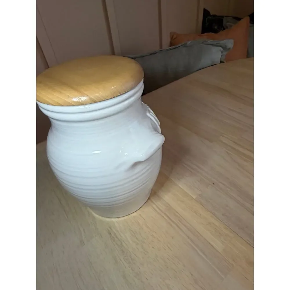 Revol France White Porcelain Vinaigre Vinegar Crock Dispenser Wooden Lid